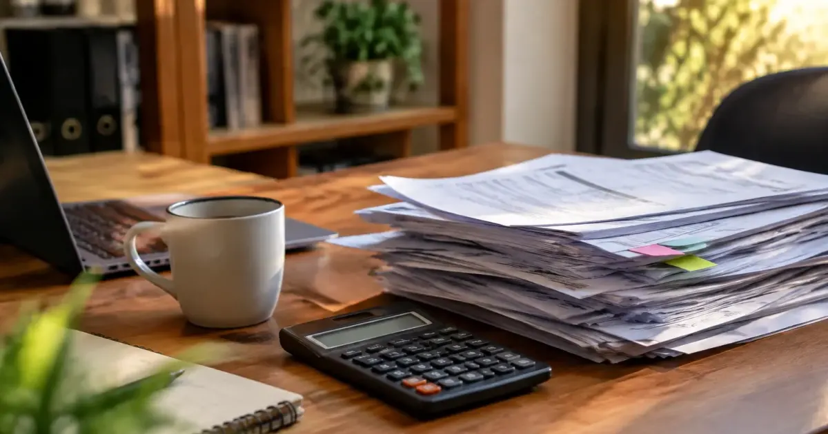 Patron assis devant une pile de factures et calculatrice