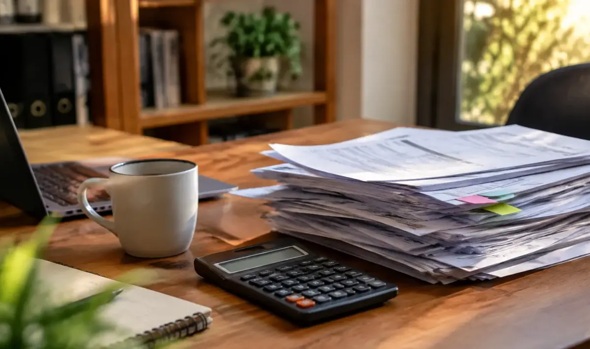 Patron assis devant une pile de factures et calculatrice