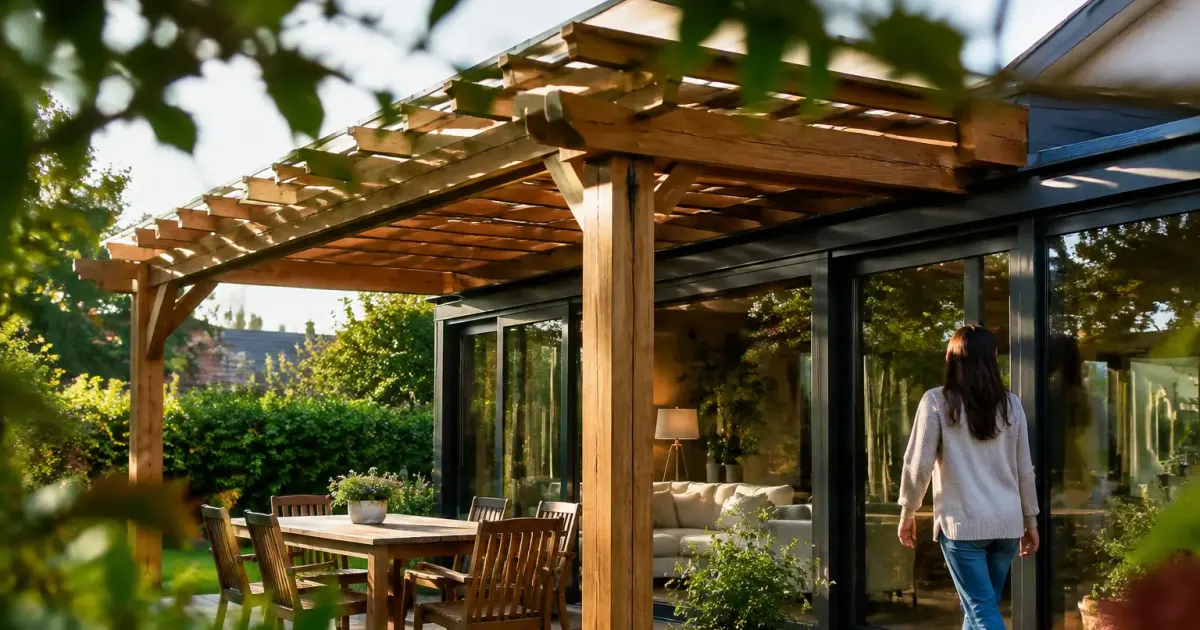 Pergola en bois devant une veranda vitree