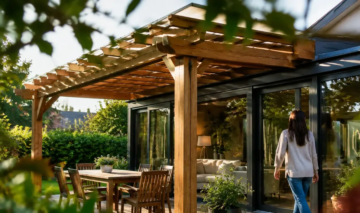 Pergola en bois devant une veranda vitree