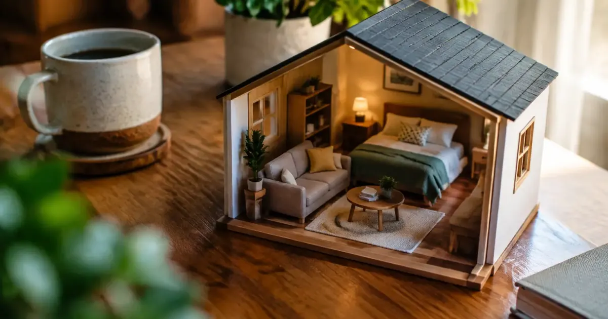 Petite maison miniature avec canape et lit sur table