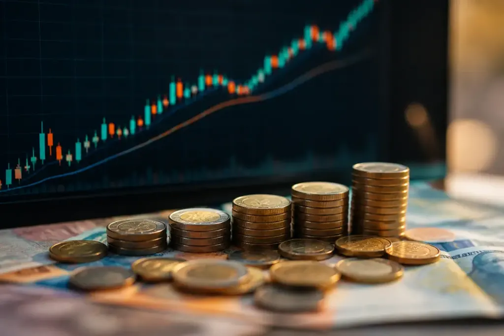 Pieces et billets sur un graphique de hausse