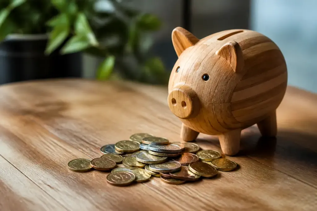 Pièces de monnaie devant une tirelire en bois