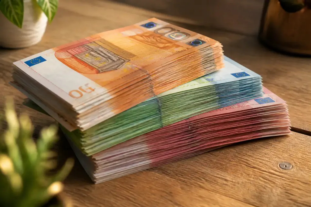 Pile de billets en euros sur table en bois