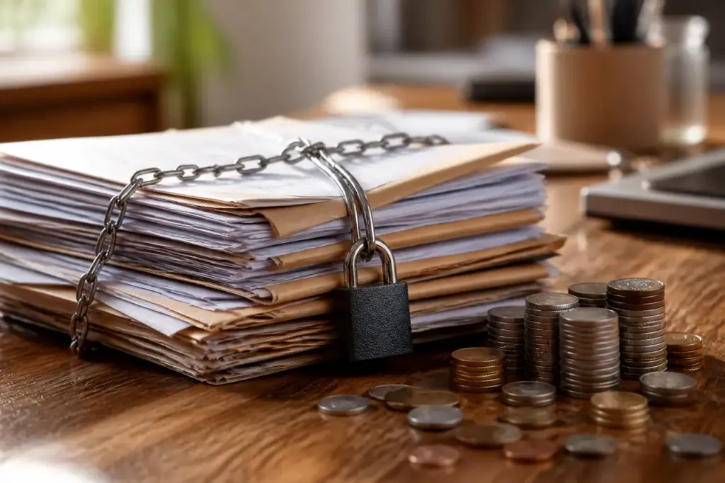 Pile de pieces et cadenas sur un bureau