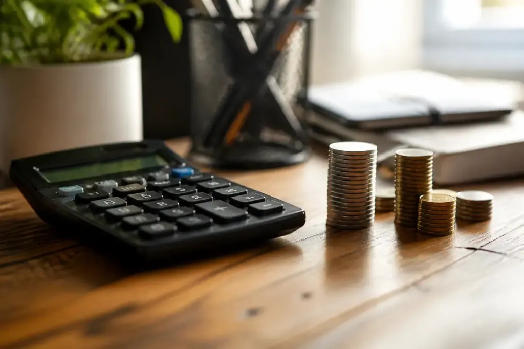 Pile de pieces et calculatrice sur bureau en bois