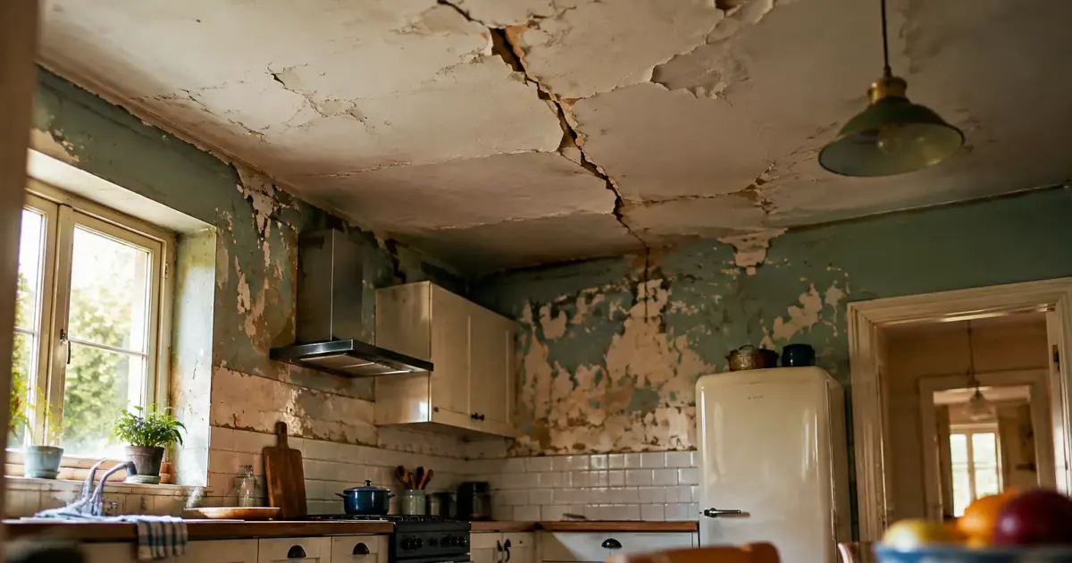 Plafond fissure et murs ecailles dans une cuisine abimee