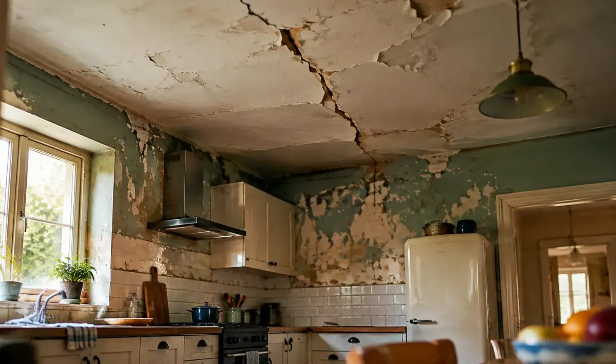 Plafond fissure et murs ecailles dans une cuisine abimee
