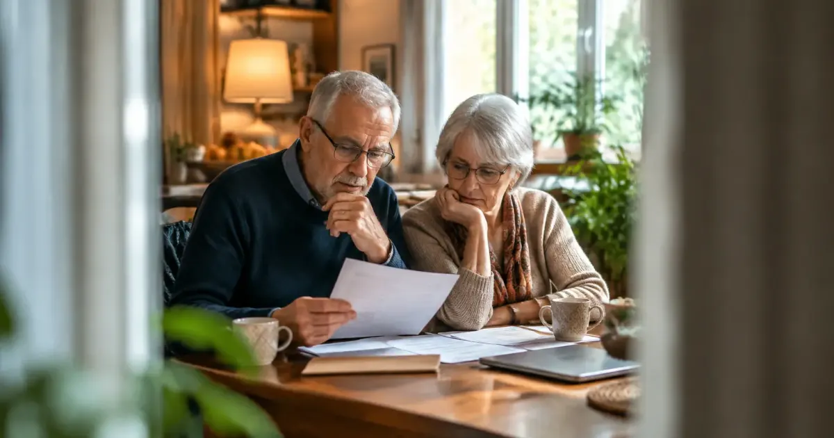 Deux retraites assis a table lisant un avis fiscal