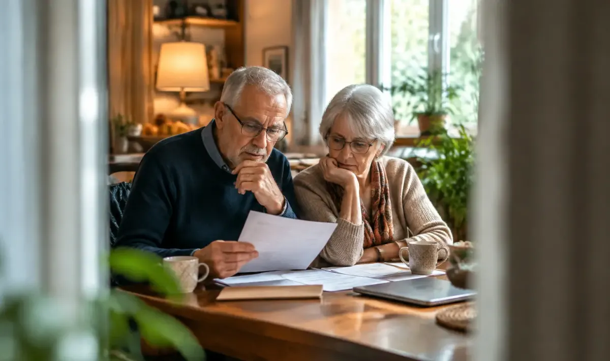 Deux retraites assis a table lisant un avis fiscal