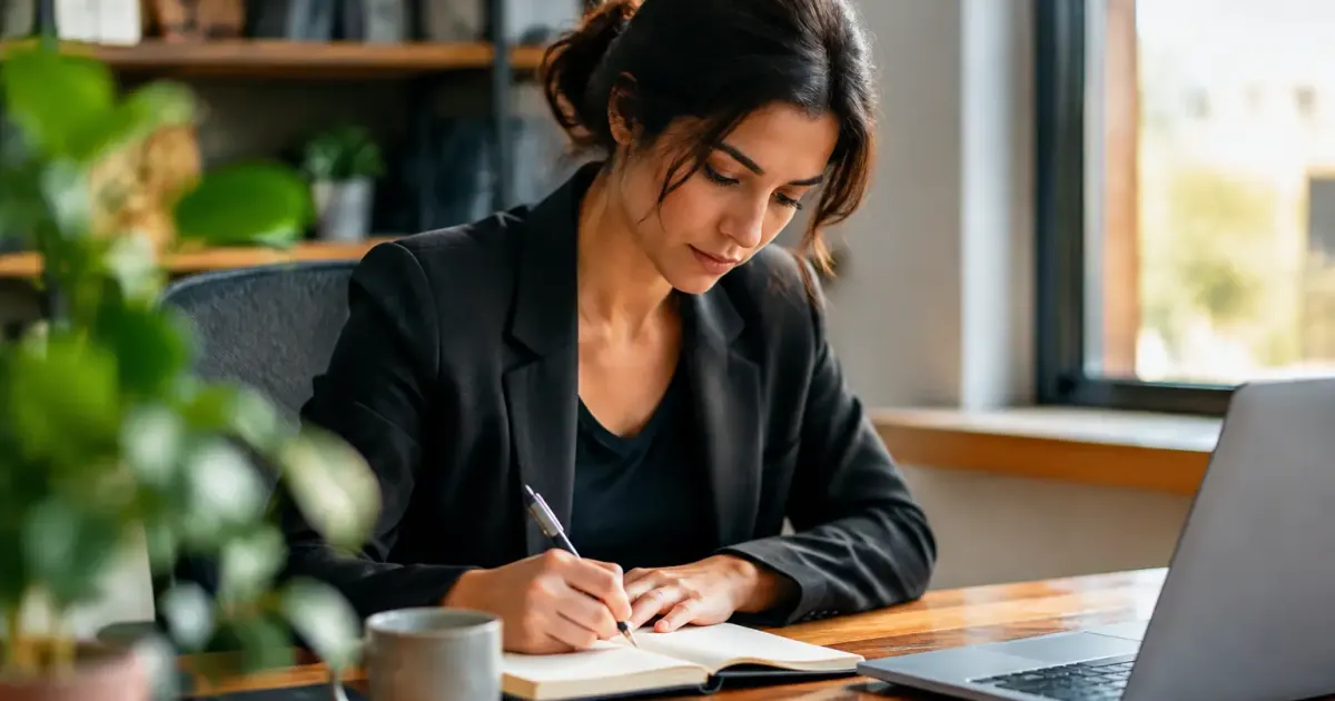 Salarie assis devant un bureau tenant un stylo
