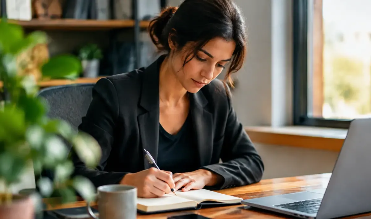 Salarie assis devant un bureau tenant un stylo