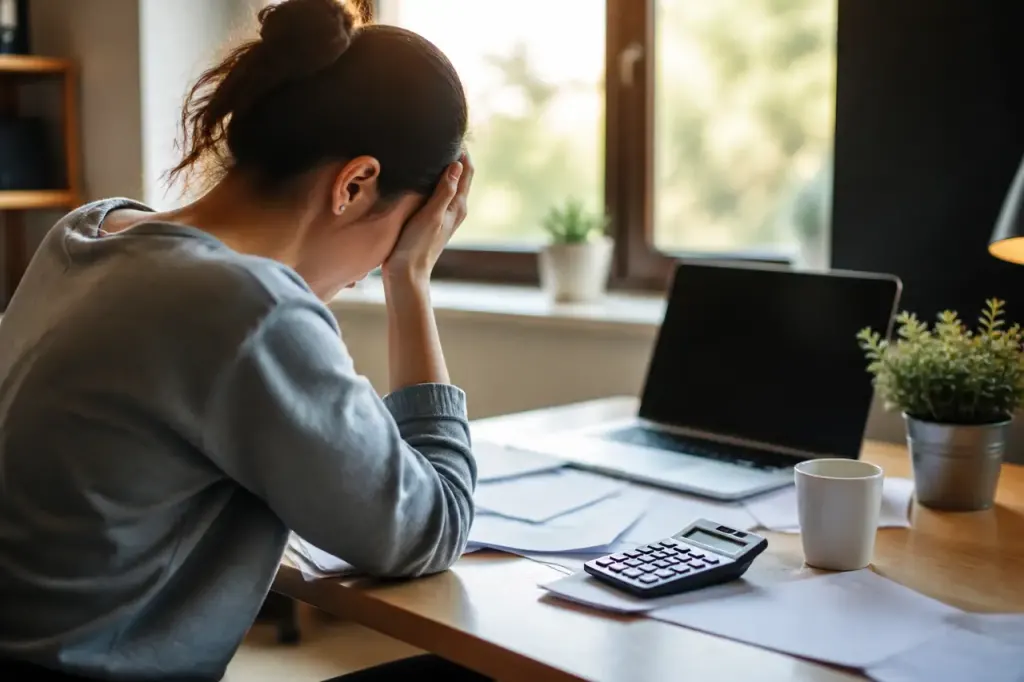 Salarie devant un bureau avec factures et calculatrice