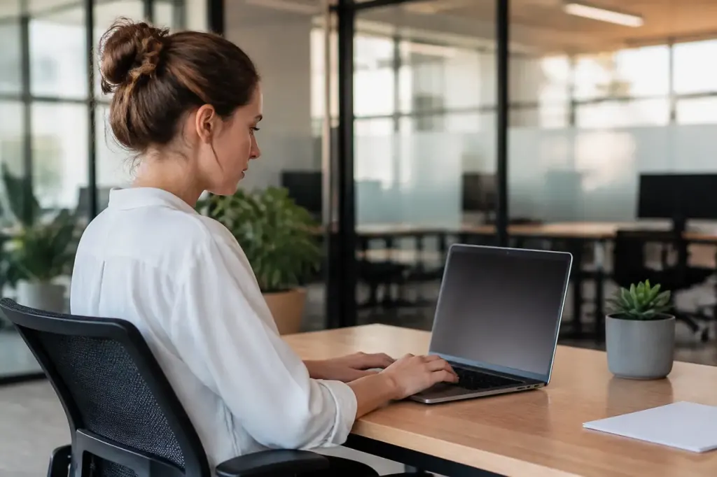Salarie au bureau devant son ordinateur portable allume