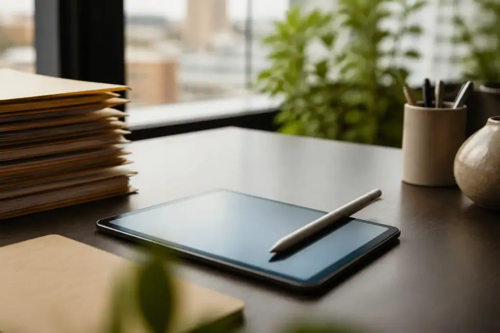 Un salarie signe un registre sur une tablette