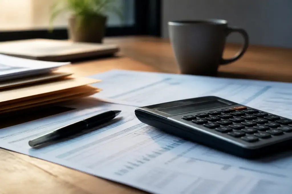 Salaries examinant documents et calculatrice sur table en bois