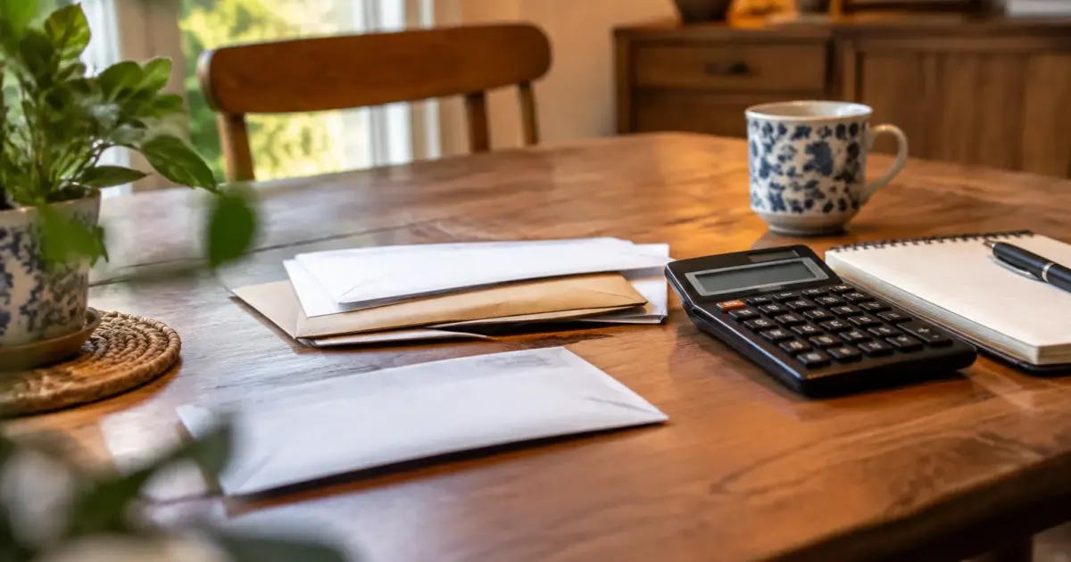 Senior assis a table avec enveloppes et calculatrice