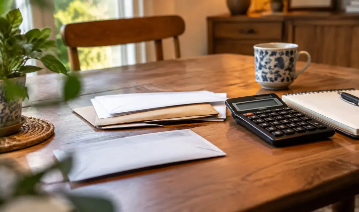 Senior assis a table avec enveloppes et calculatrice