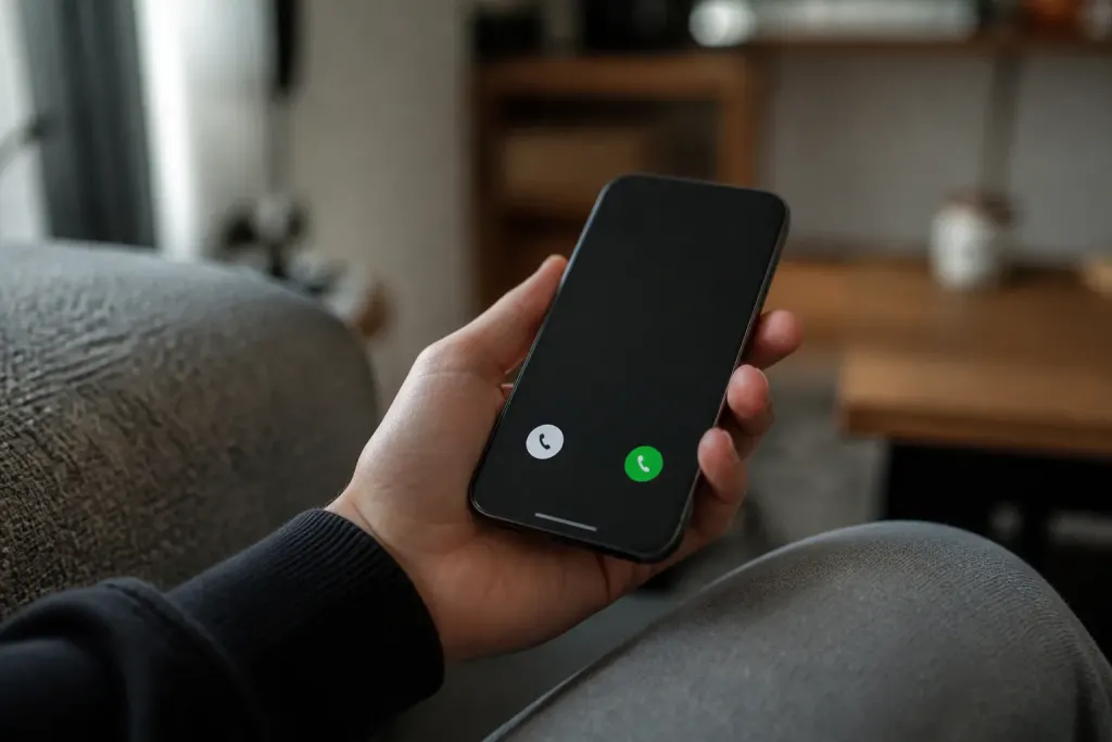 Main tenant smartphone affichant appel entrant sans nom