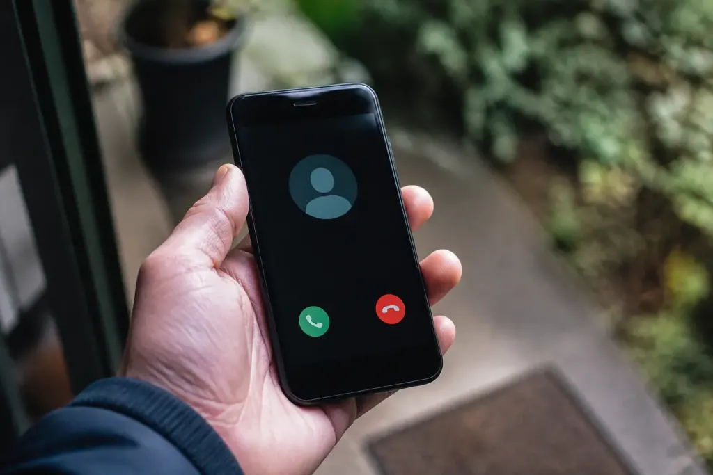Main tenant un smartphone affichant un numero inconnu