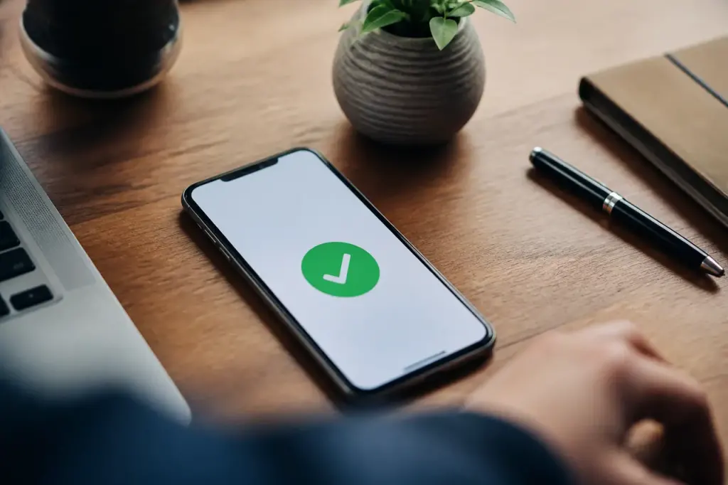 Smartphone posé sur un bureau affichant une confirmation