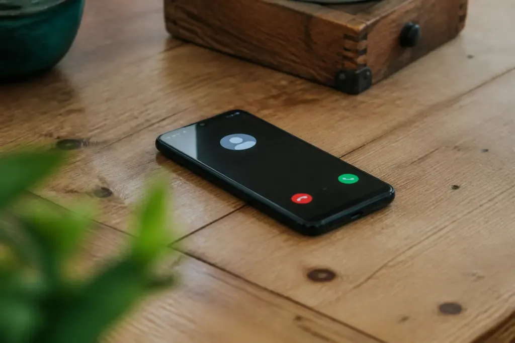 Smartphone pose sur un bureau affichant un numero inconnu