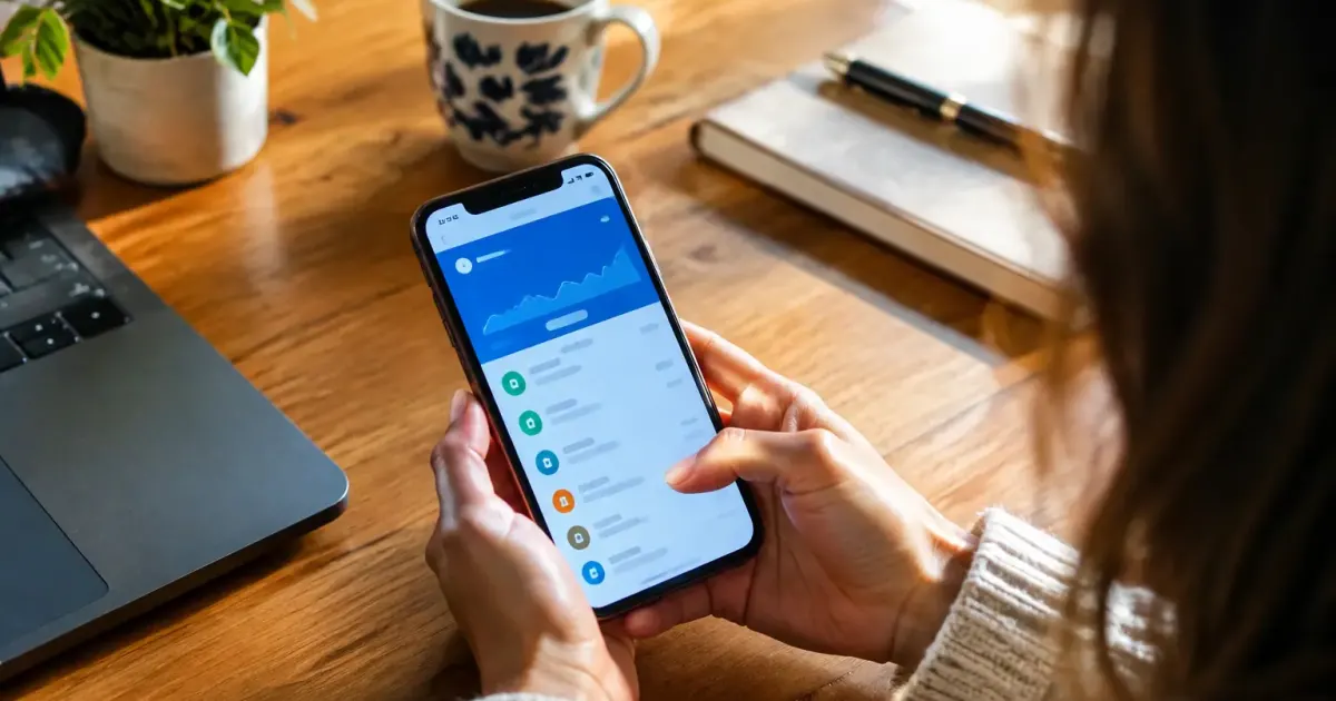 Smartphone pose sur un bureau affichant un solde bancaire