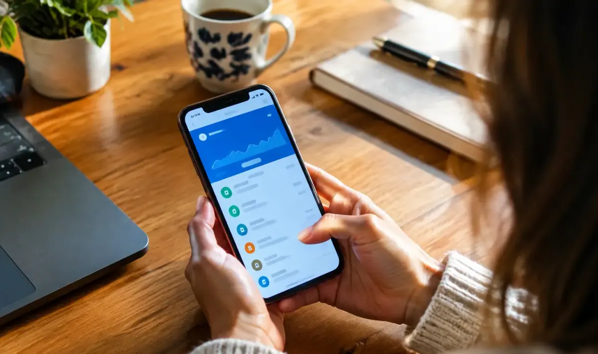 Smartphone pose sur un bureau affichant un solde bancaire