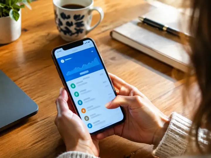 Smartphone pose sur un bureau affichant un solde bancaire