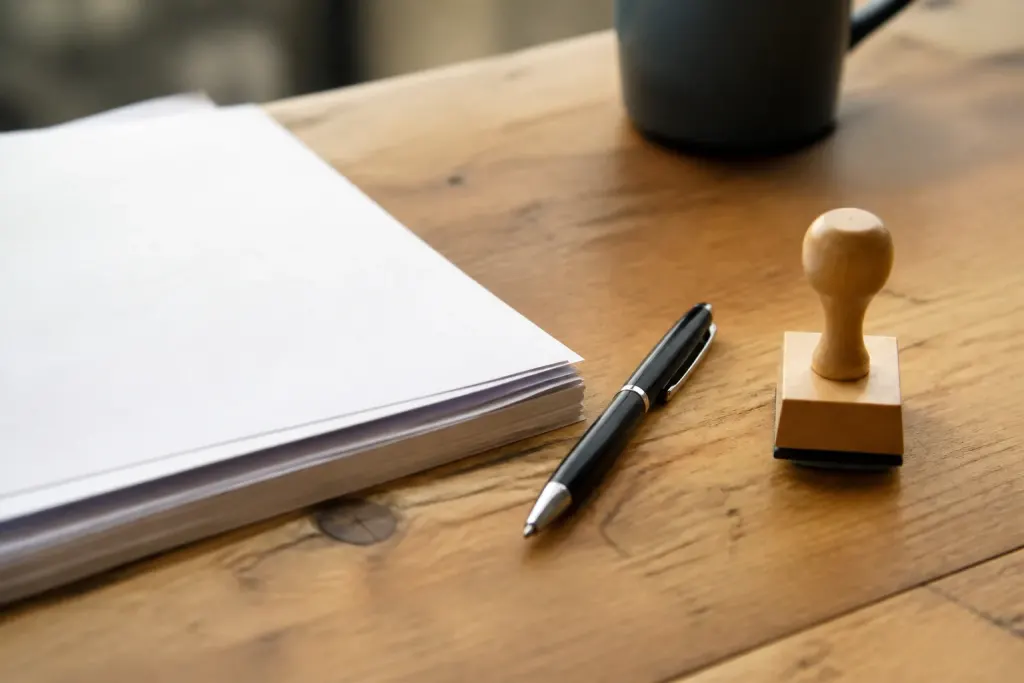 Statuts imprimes, stylo et tampon sur bureau en bois