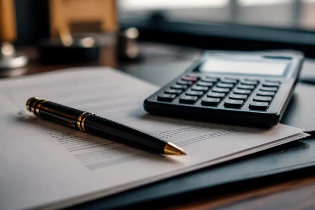 Stylo et calculatrice poses sur un contrat
