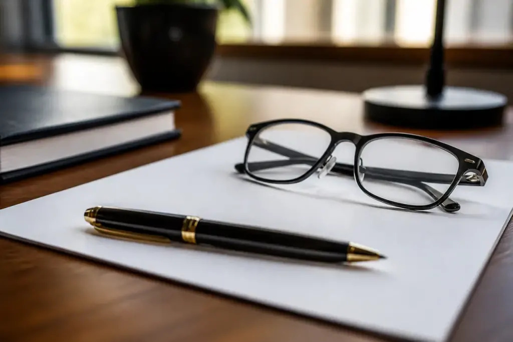 Stylo noir sur une feuille de contrat avec lunettes