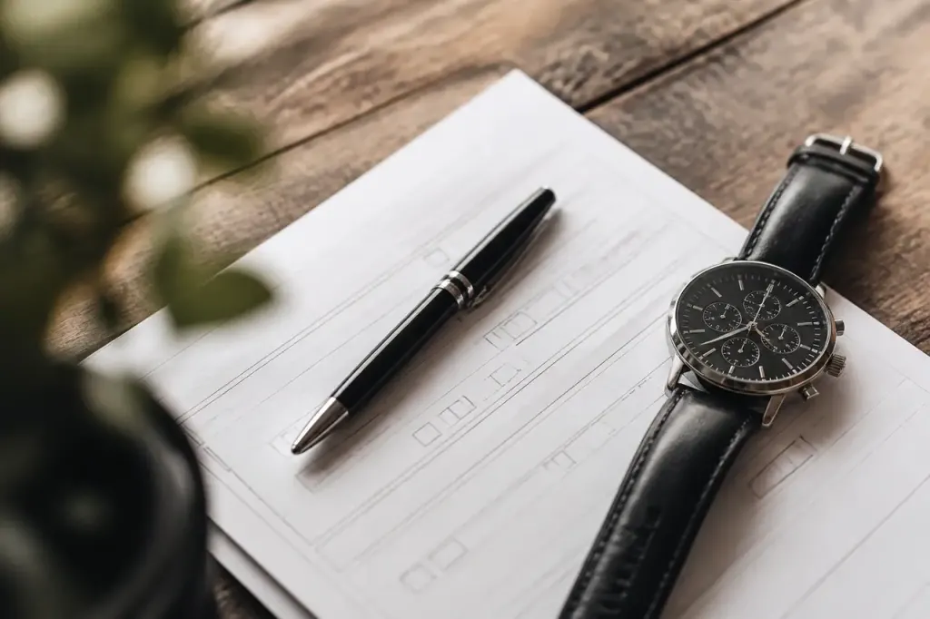 Stylo pose sur un formulaire papier et une montre