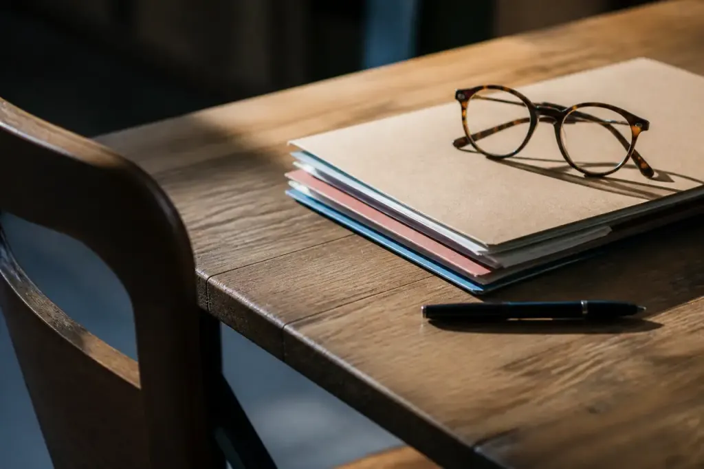 Table en bois avec dossiers, stylo et lunettes