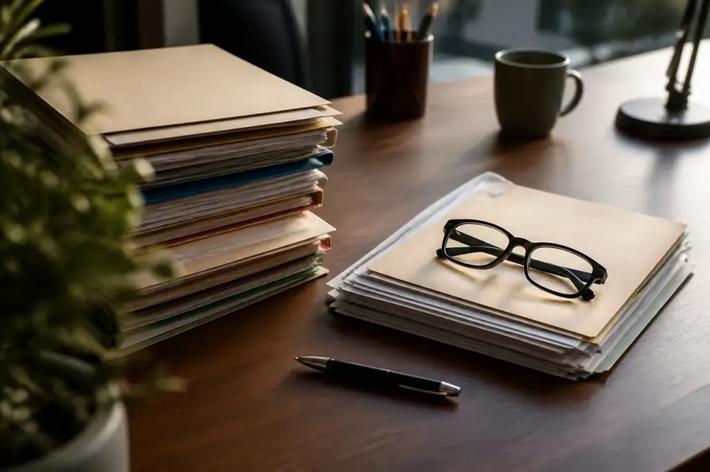 Table de bureau avec dossiers papier, stylo et lunettes