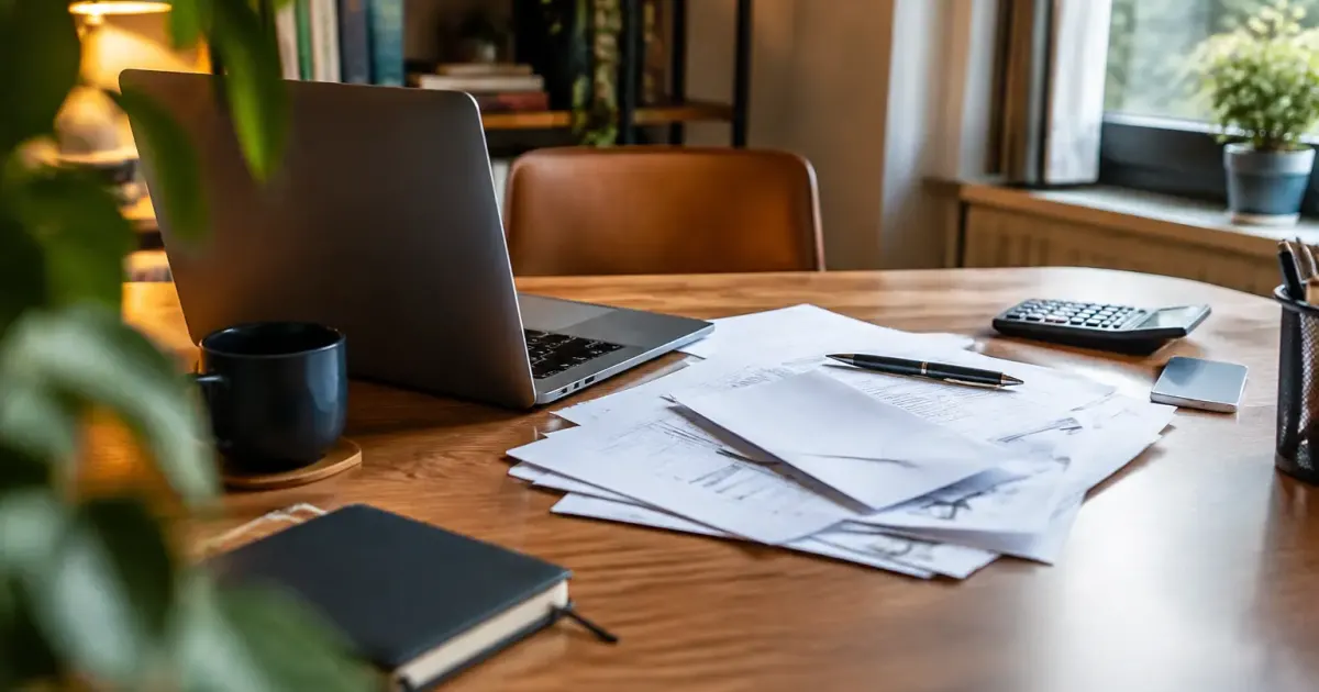 Travailleur independant assis devant un bureau avec factures