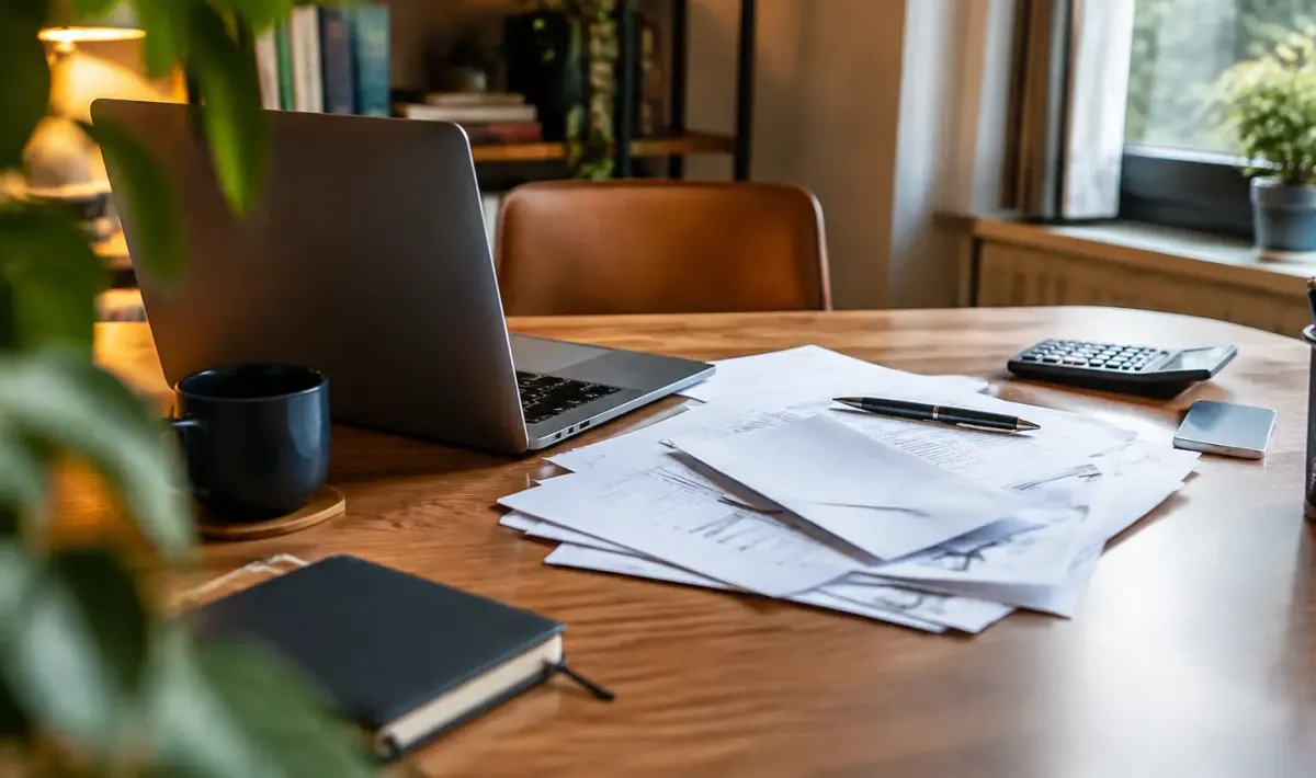 Travailleur independant assis devant un bureau avec factures