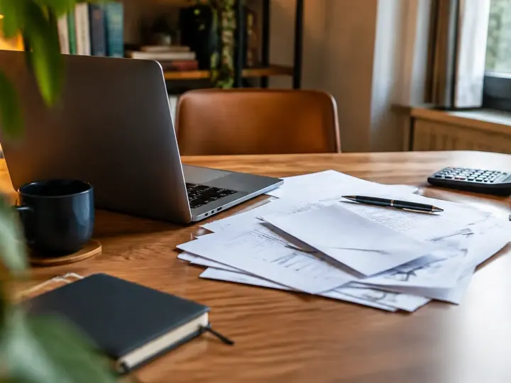 Travailleur independant assis devant un bureau avec factures