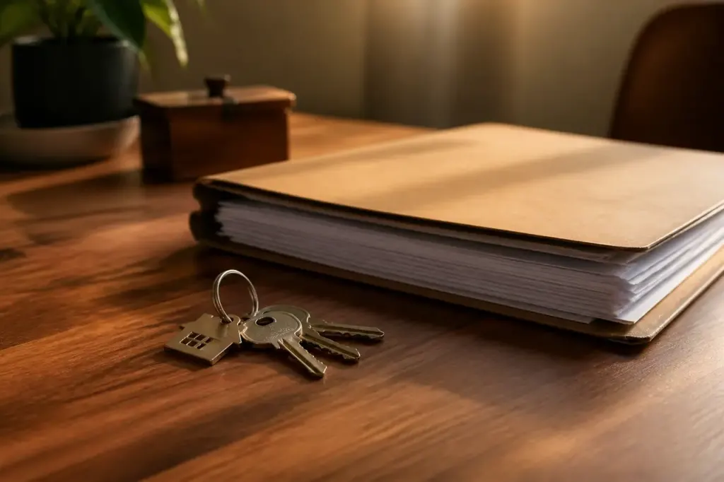 Trousseau de cles et dossier sur bureau en bois