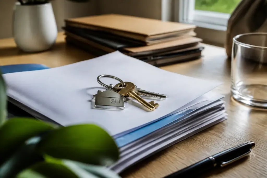 Trousseau de cles sur un dossier immobilier ouvert