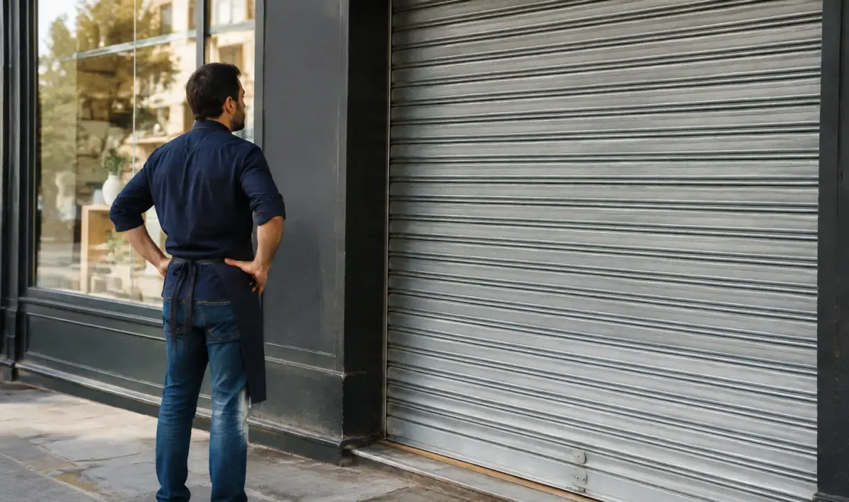 Vendeur debout devant une vitrine fermee rideau baisse