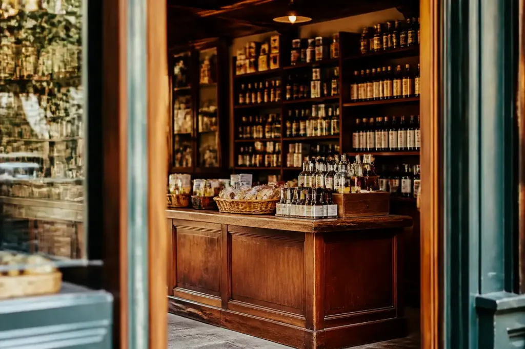 Vendeur en tablier servant un client au comptoir