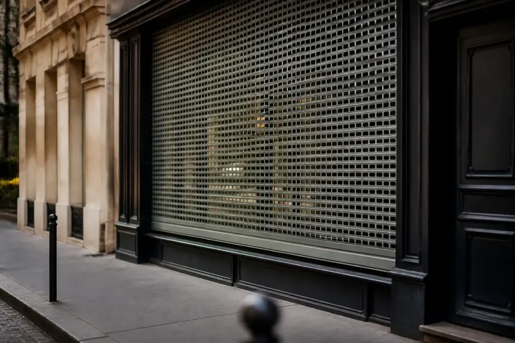 Vitrine de boutique parisienne avec rideau metallique baisse