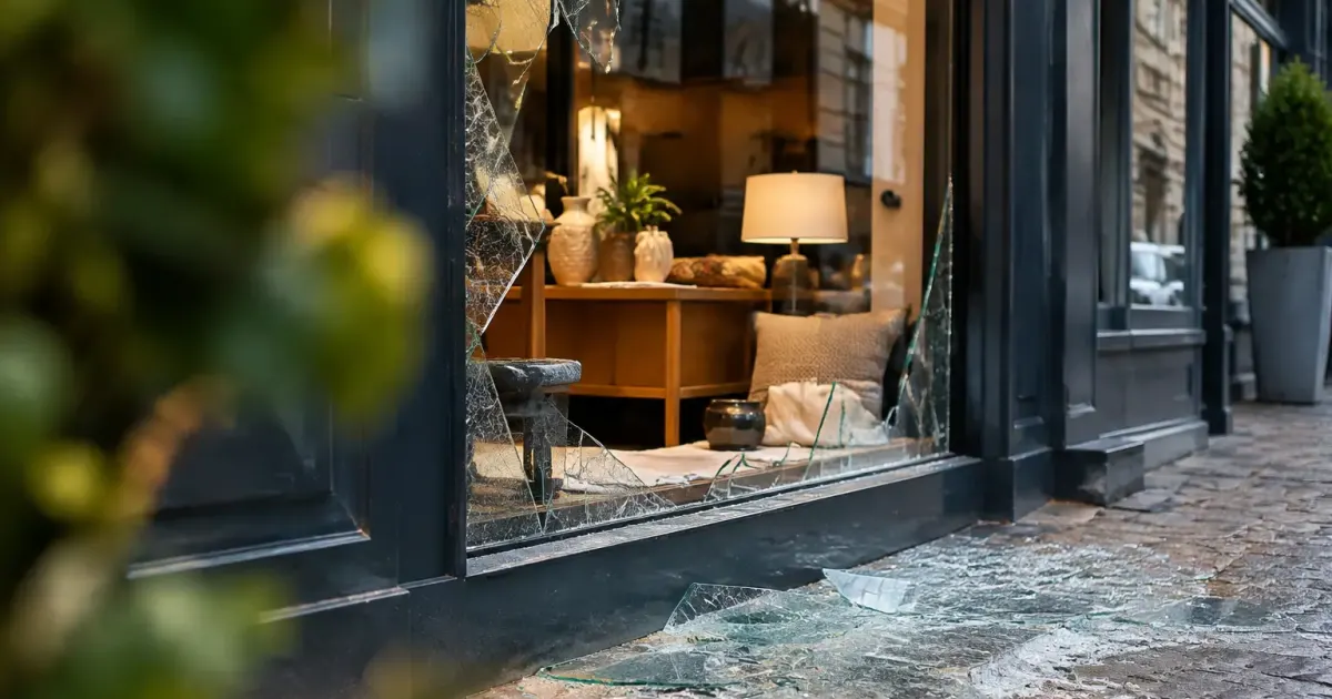 Vitrine brisee avec verre au sol devant boutique