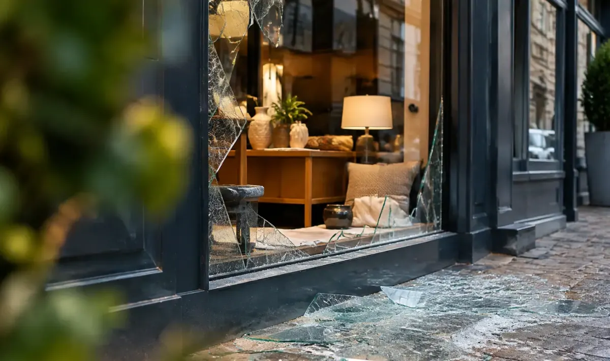 Vitrine brisee avec verre au sol devant boutique
