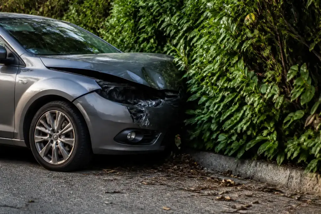 Voiture grise au pare-chocs enfonce devant une haie